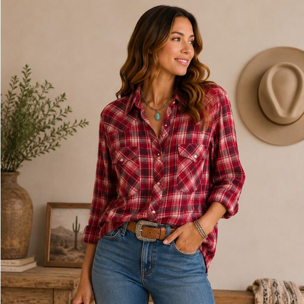 Wrangler Wrancher Shirts Red Pearl Snap Women's Top Size Medium
